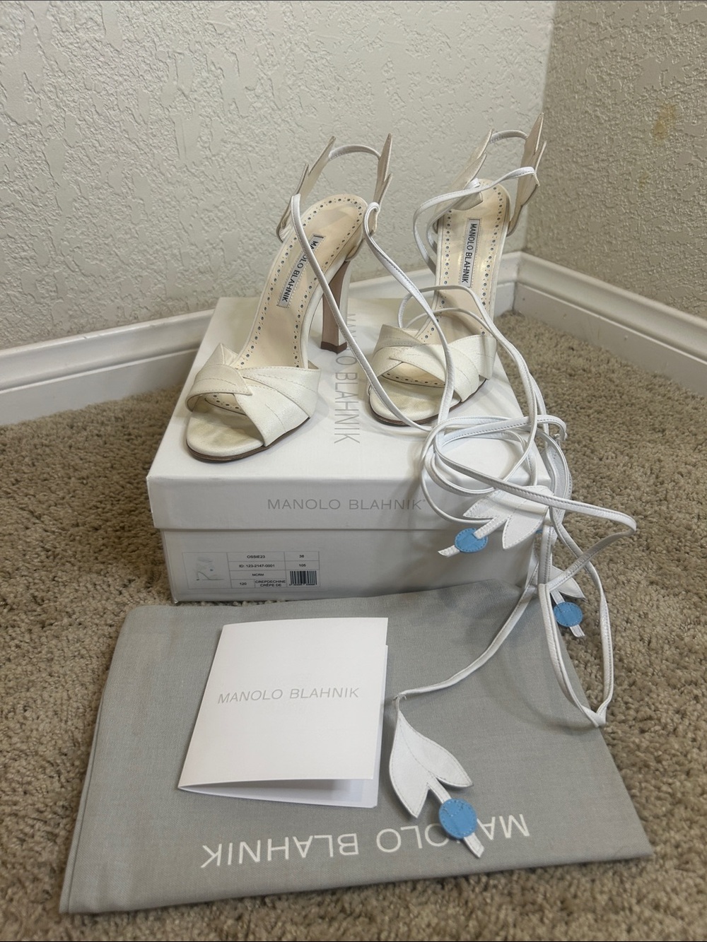 Manolo Blahnik White Leather Lace-Up Heeled Sandals with Floral Ties